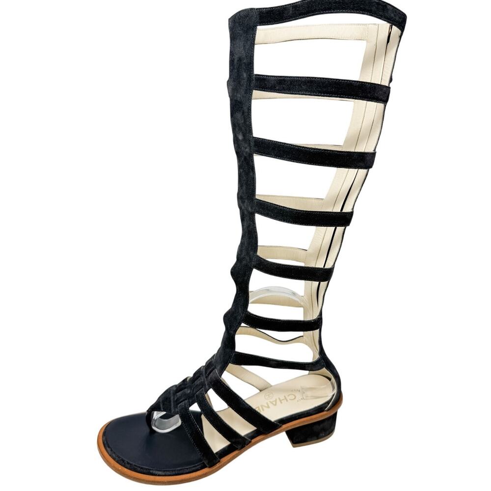 Chanel Suede Gladiator Tall Sandals CC Logo Dark Gray Size 38